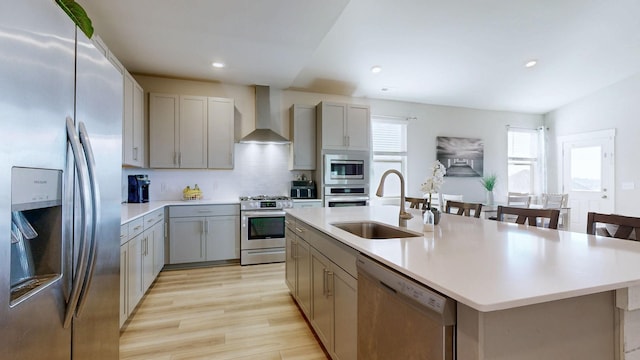 kitchen featuring a sink, stainless steel appliances, gray cabinets, and wall chimney range hood