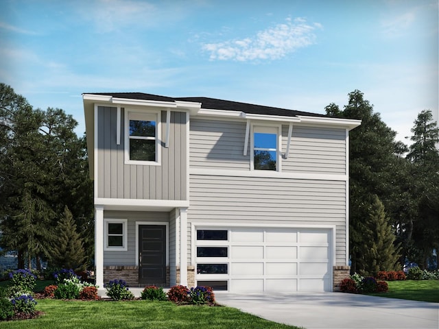 view of front of property featuring stone siding, driveway, a front yard, and a garage