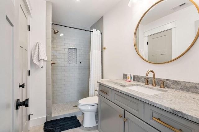 full bathroom with tile patterned flooring, visible vents, a shower stall, toilet, and vanity