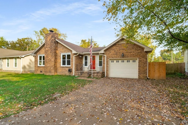 single story home with fence, a chimney, a garage, crawl space, and brick siding