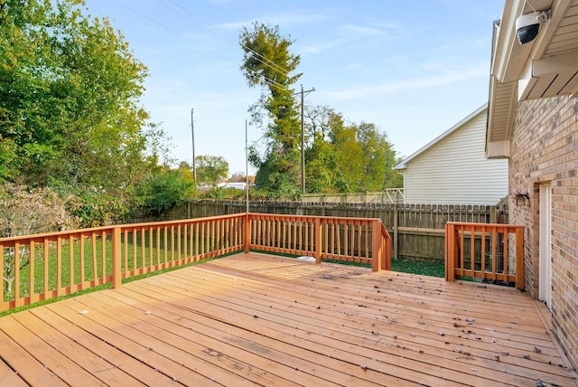 deck with a lawn and a fenced backyard