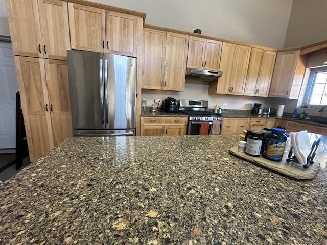 kitchen with under cabinet range hood, light brown cabinetry, dark stone counters, appliances with stainless steel finishes, and a high ceiling