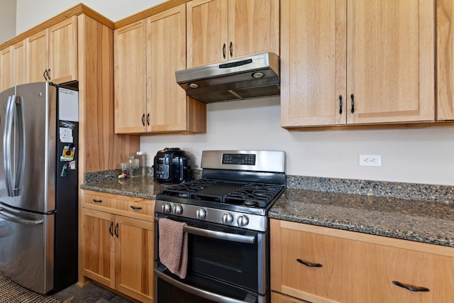 kitchen with under cabinet range hood, stainless steel appliances, light brown cabinetry, and dark stone countertops