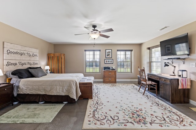 bedroom featuring visible vents, baseboards, and a ceiling fan