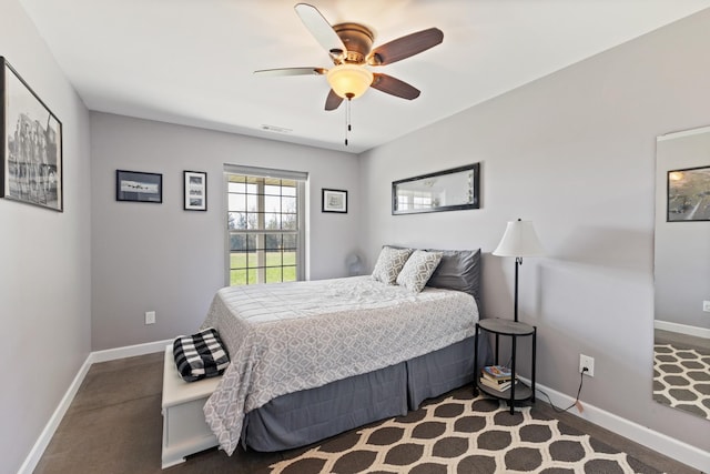 bedroom featuring a ceiling fan, baseboards, and visible vents