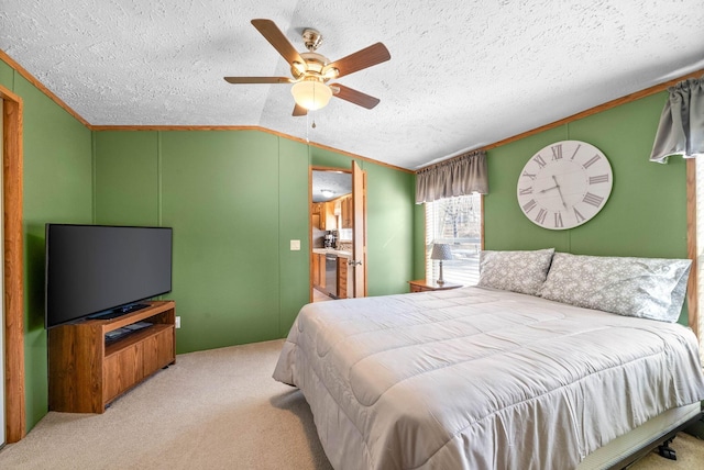 carpeted bedroom featuring a textured ceiling, vaulted ceiling, a ceiling fan, and ornamental molding