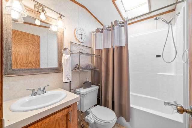 bathroom featuring shower / tub combo, toilet, and vanity