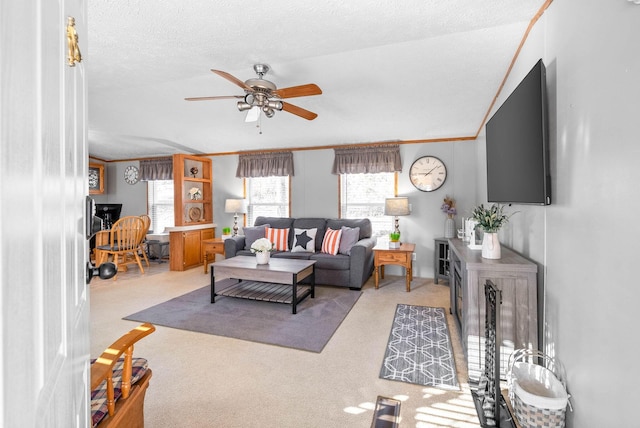 carpeted living area featuring plenty of natural light, a textured ceiling, ceiling fan, and crown molding