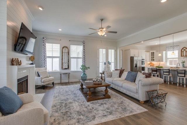 living room featuring recessed lighting, ornamental molding, a fireplace, and wood finished floors