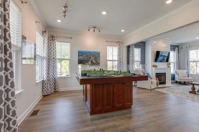 interior space with visible vents, dark wood finished floors, a large fireplace, crown molding, and a healthy amount of sunlight