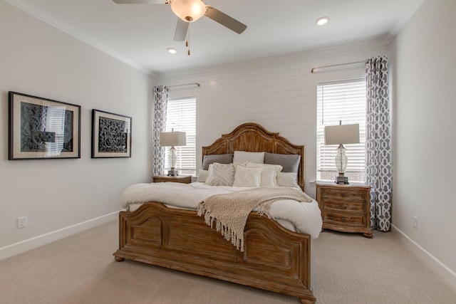 carpeted bedroom with recessed lighting, baseboards, ornamental molding, and a ceiling fan