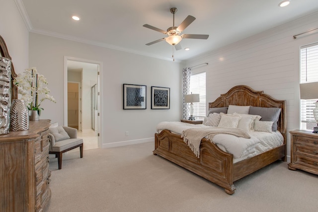 bedroom with multiple windows, light carpet, baseboards, and ornamental molding