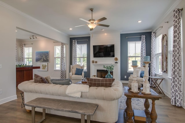 living area with ornamental molding, wood finished floors, recessed lighting, a fireplace, and baseboards