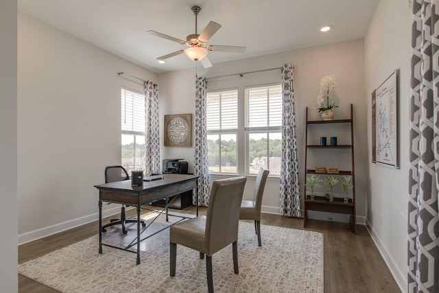 home office with recessed lighting, baseboards, wood finished floors, and a ceiling fan