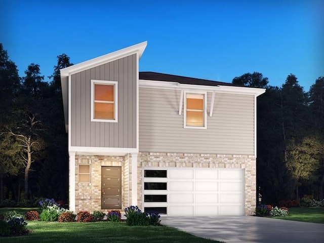 view of front of home with stone siding, driveway, and an attached garage