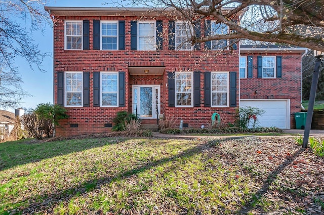 view of front of property featuring crawl space, brick siding, an attached garage, and a front yard