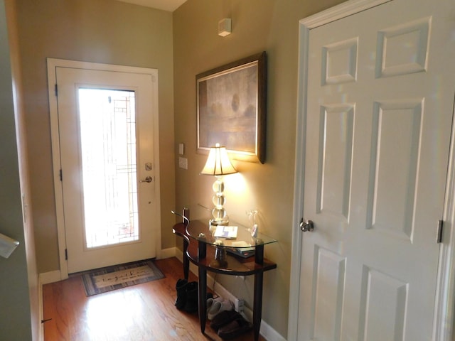 foyer entrance featuring baseboards and wood finished floors