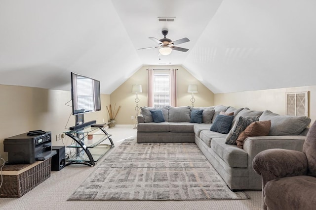 living room with a ceiling fan, lofted ceiling, light colored carpet, and visible vents