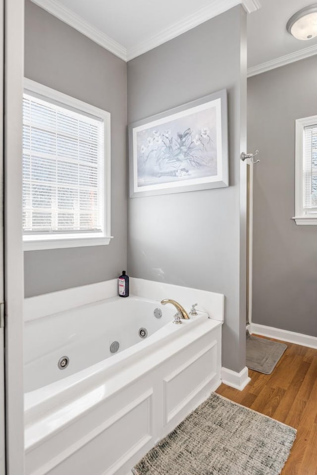 bathroom with baseboards, crown molding, wood finished floors, and a jetted tub
