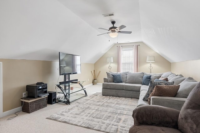 living area with carpet, baseboards, ceiling fan, and visible vents