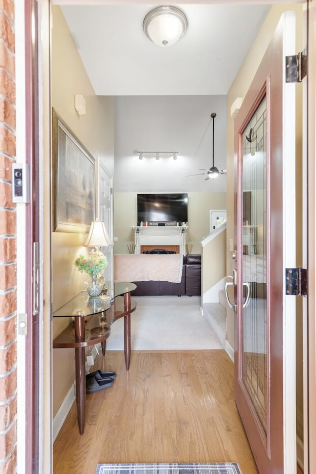 hall with rail lighting, baseboards, and wood finished floors