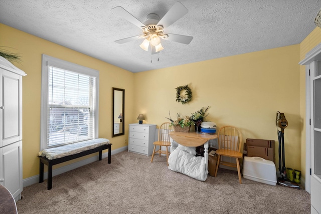 interior space with ceiling fan, carpet flooring, baseboards, and a textured ceiling