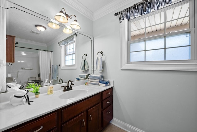 full bath with a shower with shower curtain, visible vents, ornamental molding, and vanity