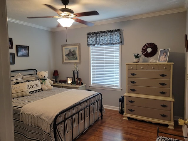 bedroom featuring dark wood finished floors, crown molding, a ceiling fan, and baseboards