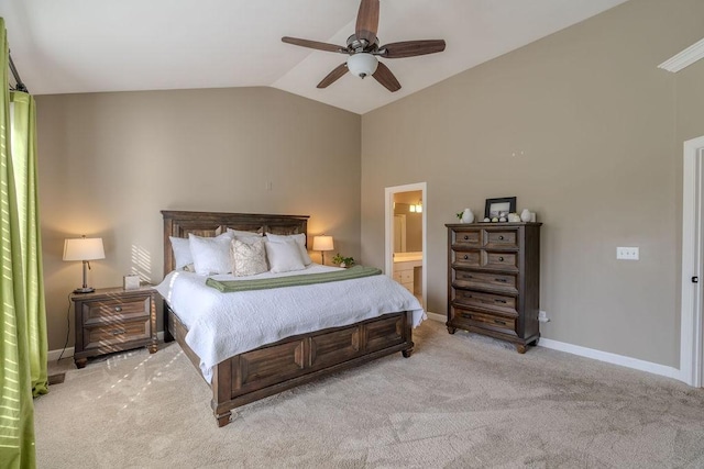 bedroom featuring light colored carpet, a ceiling fan, baseboards, and vaulted ceiling