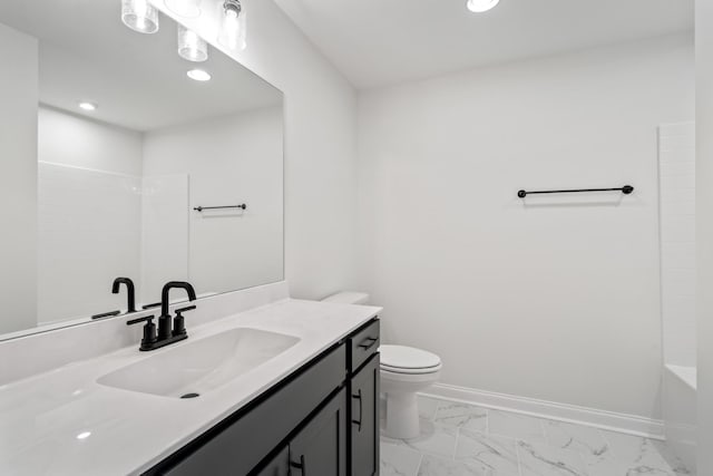 full bathroom with vanity, baseboards, recessed lighting, toilet, and marble finish floor