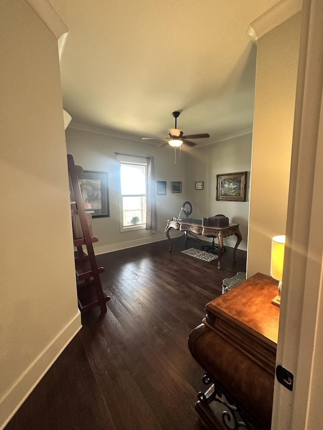 interior space featuring hardwood / wood-style flooring, a ceiling fan, baseboards, and ornamental molding