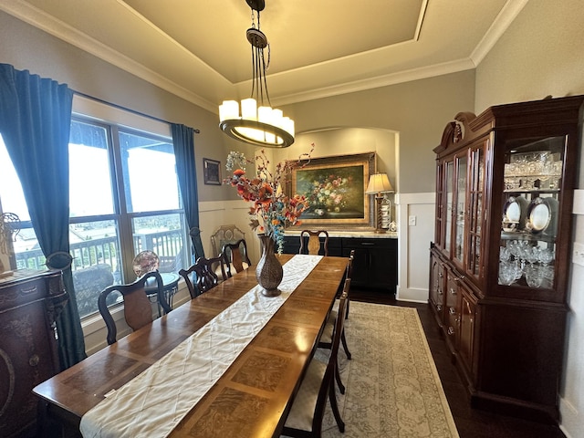 dining room with a raised ceiling, dark wood-style floors, and wainscoting