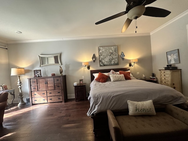 bedroom with a ceiling fan, wood finished floors, baseboards, and ornamental molding