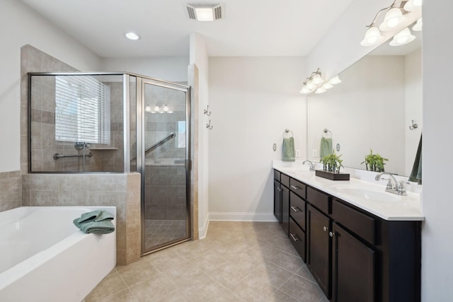 full bath with visible vents, a stall shower, a sink, double vanity, and a bath