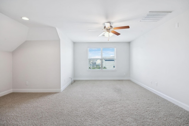 bonus room featuring visible vents, a ceiling fan, baseboards, and carpet floors