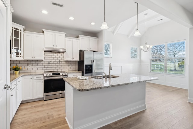 kitchen featuring visible vents, a sink, stainless steel appliances, under cabinet range hood, and backsplash