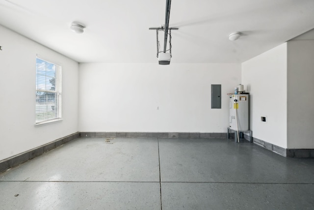 garage featuring electric panel, baseboards, a garage door opener, and water heater