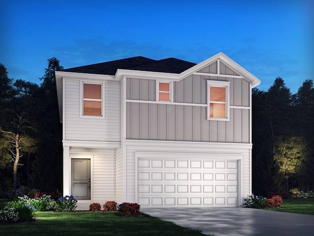 view of front of property with a garage, board and batten siding, concrete driveway, and a front lawn