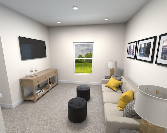 living room featuring recessed lighting, baseboards, and carpet floors