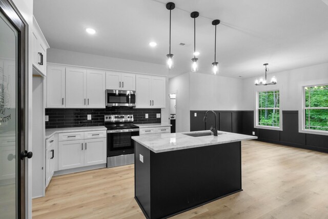 4410 Shiloh Canaan Rd, Palmyra, TN 37142 - kitchen with appliances with stainless steel finishes, a sink, light wood-style floors, white cabinetry, and wainscoting