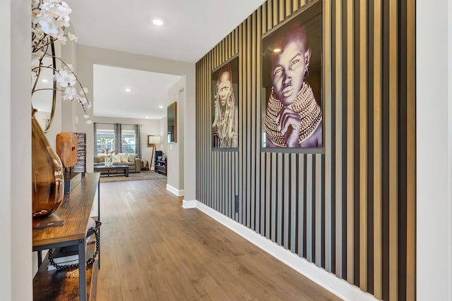 entrance foyer featuring recessed lighting, baseboards, and wood finished floors