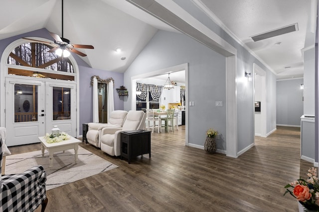 living room featuring visible vents, baseboards, ceiling fan with notable chandelier, wood finished floors, and high vaulted ceiling