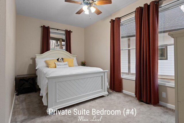 bedroom featuring a ceiling fan, baseboards, and carpet floors