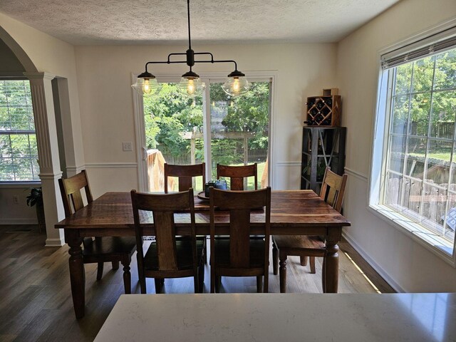 dining room with arched walkways, plenty of natural light, wood finished floors, and ornate columns