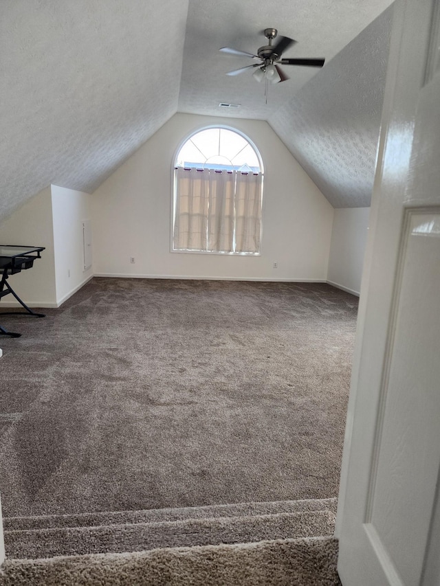 additional living space with vaulted ceiling, a textured ceiling, baseboards, and carpet floors