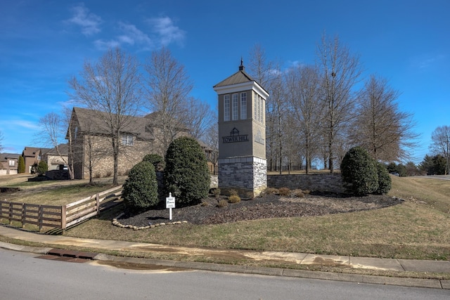 view of home's community with a lawn and fence