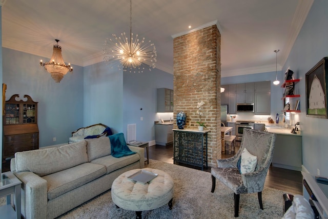 living room with dark wood finished floors, crown molding, a notable chandelier, and baseboards