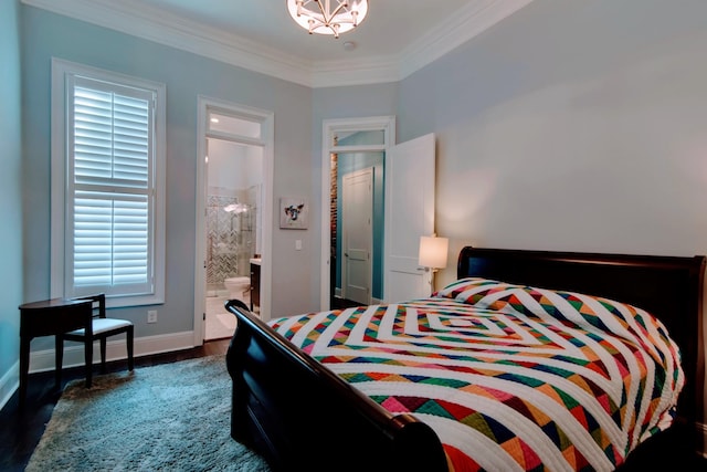 bedroom with ornamental molding, dark wood finished floors, connected bathroom, baseboards, and a chandelier