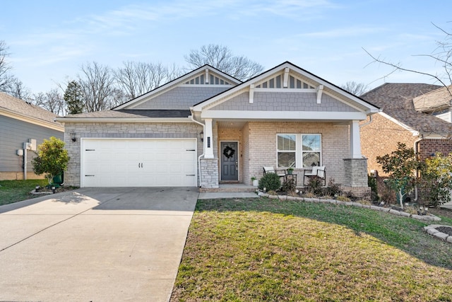 craftsman-style home featuring brick siding, a front lawn, a porch, driveway, and an attached garage