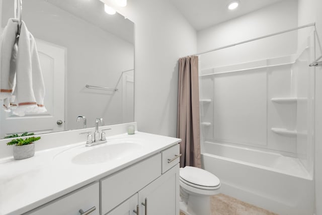 full bath with toilet, vanity, and shower / bath combination with curtain